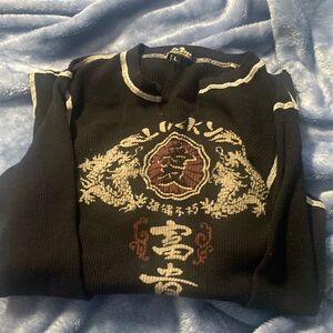 Lucky Brand Vintage Asian 90s Y2K Embroidered Thermal Waffle Knit Top Large